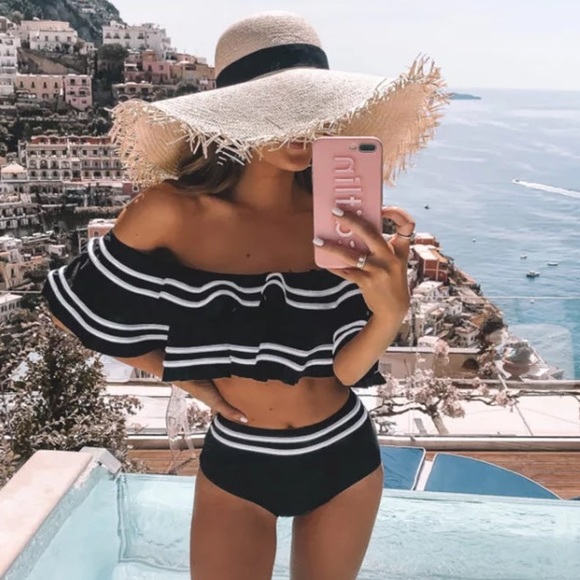 black ruffle off the shoulder bikini top